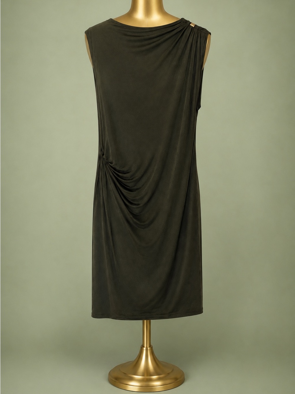 Sleeveless Olive Green Draped Midi Dress